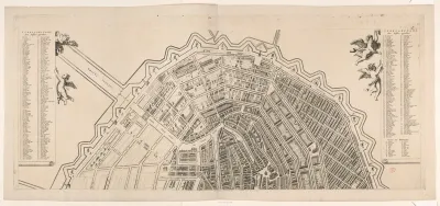 Plattegrond van Amsterdam met stadsgezicht (bovenste deel)