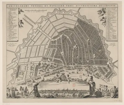 Plattegrond van Amsterdam met stadsgezicht en ontwerp voor de Vierde Uitleg