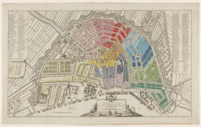 Plattegrond van Amsterdam met verdeling in halve brigades en bataljons van de Nationale Garde