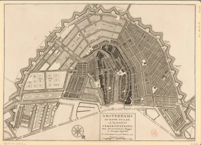Plattegrond van Amsterdam met verschillende uitbreidingsfasen