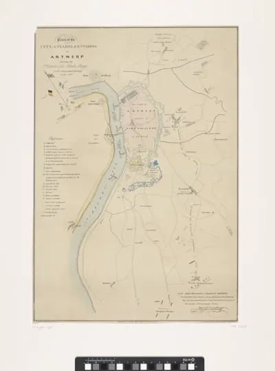 Plattegrond van Antwerpen met de Citadel en de positie van het Franse leger, 1832