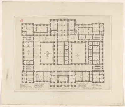 Plattegrond van de begane grond ('eerste of onderste Grondt') van het Stadhuis op de Dam