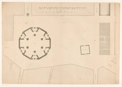 Plattegrond van de Botermarkt te Amsterdam met ontwerp voor een koepelkerk