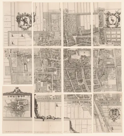 Plattegrond van de figuratieve kaart van Den Haag, bestaande uit twaalf delen