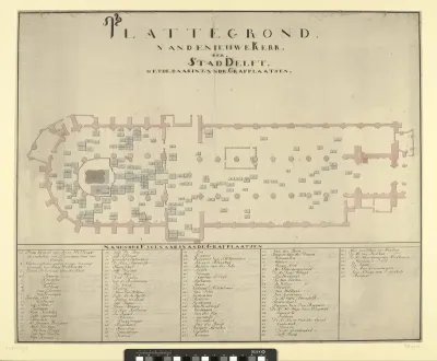Plattegrond van de Nieuwe Kerk te Delft met de ligging van de graven, 1751
