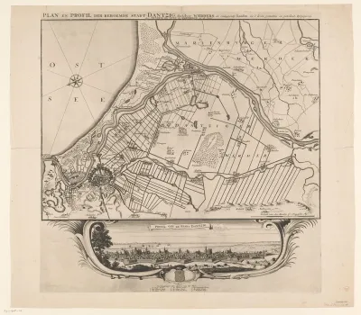 Plattegrond van de omgeving van Gdansk en een gezicht op Gdansk