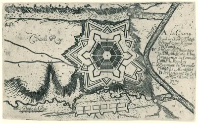 Plattegrond van de vesting van Charleroi met de daar gelegerde troepen, ca. 1672