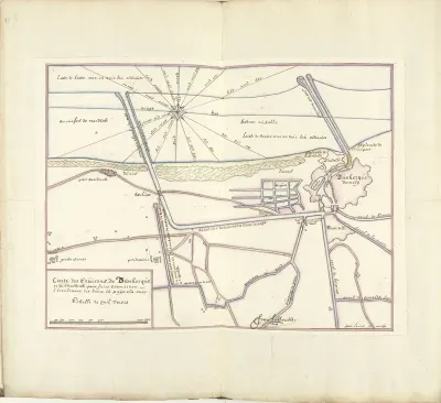 Plattegrond van de waterhuishouding in het gebied tussen Fort Mardijk en Duinkerke, 1714