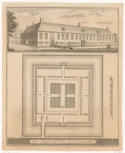 Plattegrond van en gezicht op het Pesthuis te Leiden, 1762