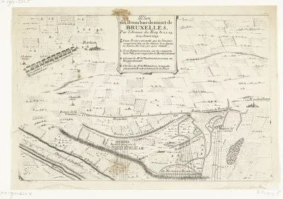 Plattegrond van het bombardement van Brussel door de Fransen (bovenste helft), 1695