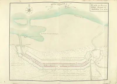 Plattegrond van het in 1654 geplande kanaal tussen Fort Mardijk en Duinkerke