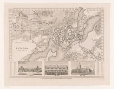 Plattegrond van Potsdam met drie details van gebouwen