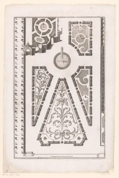 Plattegrond van tuin met driehoekige parterres