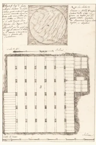 Plattegrond van waterreservoir in omgeving van Lac de Lentini en ruïne van gedenkteken 6 mijl van Syracuse