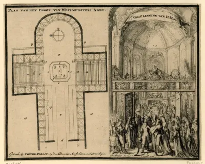 Plattegrond van Westminster Abbey en de graflegging van de koningin, 1695