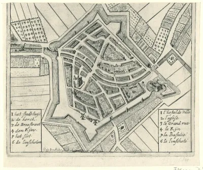 Plattegrond van Woerden,  veroverd door de Fransen in 1672