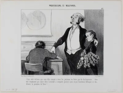 “- Please no exaggerations in this article which goes to all the newspapers. Write only that our pupil Greluchot has received fourteen prizes and that there is no doubt that the Institute Bilboquet is the finest in all of Paris!,” plate 27 from Profe
