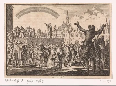 Plein te Orange, waar het bestuur van prins Willem III wordt aanvaard, terwijl de menigte kijkt naar een boog in de lucht, 1670