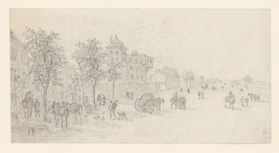 Pleisterplaats aan de rand van de stad, links twee afgespannen paarden
