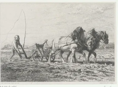 Ploegende boer met twee paarden
