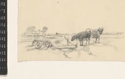 Ploegende mannen met paarden en een constructietekening van werktuig