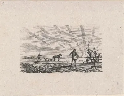 Ploeger en een zaaier werkend op het land