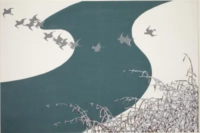 Plovers Flying Across a River above Snow-Laden Reeds (Fuyu no Kawa), from the series "Worlds of Things (Momoyogusa)"