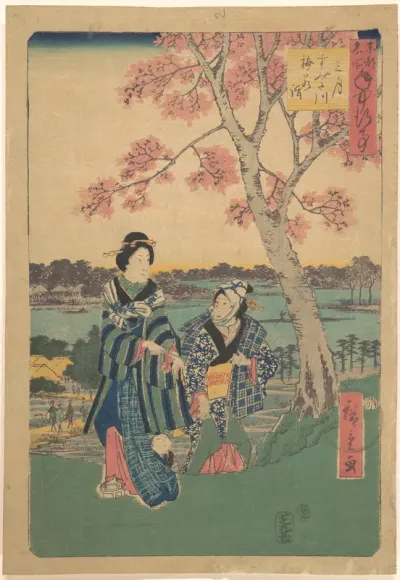 Plum-blossom viewing in the third month at Sumida River from the series Annual Events at Famous Places in the Eastern Capital (Tōto meisho nenjū gyōji sangatsu sumitagawa waka mōde)