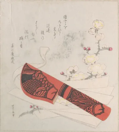 Plum Blossoms, Cut Paper and a Knife in Sheath