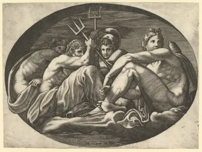 Pluto, Neptune, Minerva and Apollo, from a series of eight compositions after Francesco Primaticcio's designs for the ceiling of the Ulysses Gallery (destroyed 1738–39) at Fontainebleau