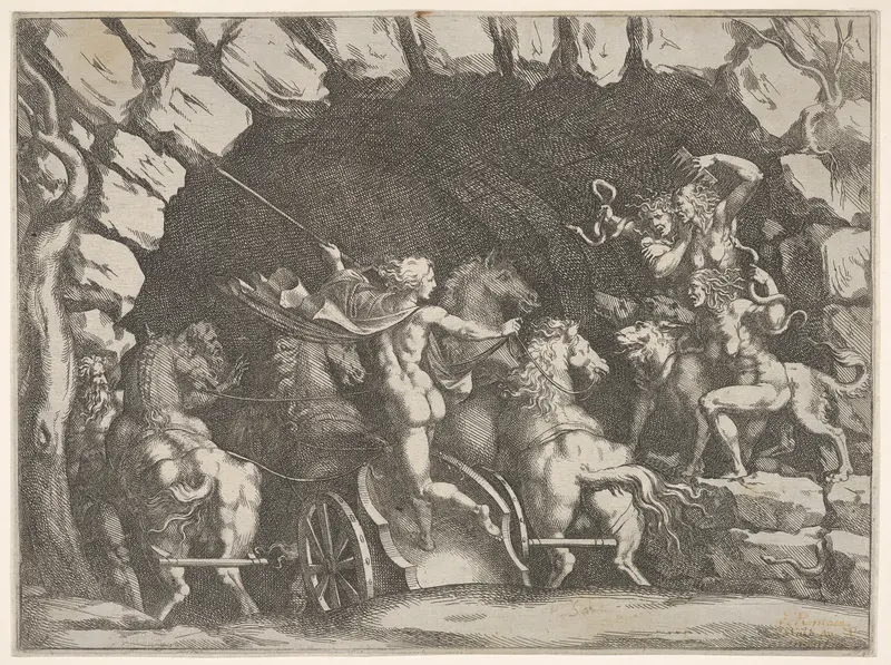 Pluto, seen from behind, entering the Underwold on his chairot, Cereberus and three Furies to right, from "Giove che fulmina li giganti", after the frescoes on the ceiling of the Sala dei Giganti designed by Giulio Romano for the Palazzo del Te, Mant