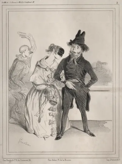 Pochades de carnaval:  C'est singulier! elle me dit que je suis Philibert Désormeaux, et que je passe pour un imbecile!! ....où diable à-t-elle sù cela?