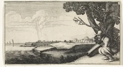 Poepende man in een landschap