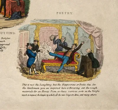 Poets composing verse under the influence of gases specific to particular genres, analogous to laughing gas