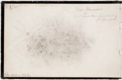 Pohjakaava. Merkitty: Villa Beaucour  /  Rue du Faubourg  /  St. Honore.