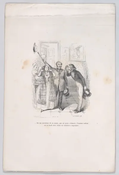 Pointing me to the evidence of my crime with his cane, from "Little Miseries of Human Life"