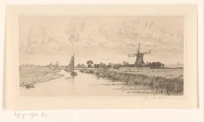 Polderland met zeilboot en molen