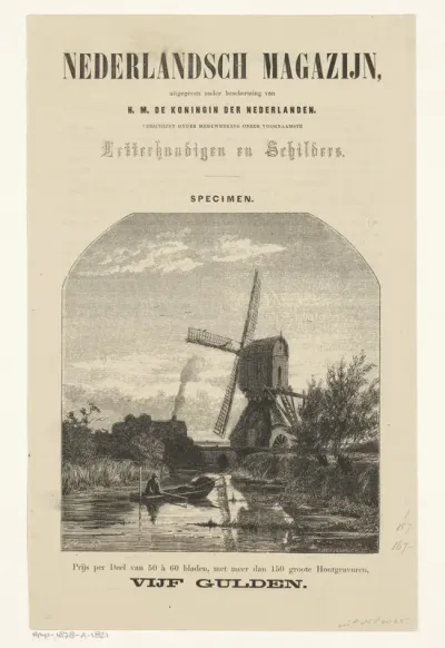Polderlandschap met een molen en een visser in een boot