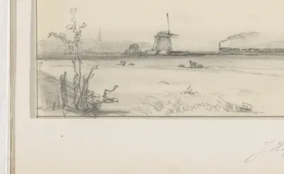 Polderlandschap met molen en stoomtrein