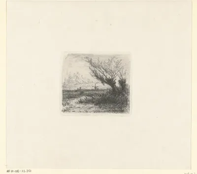 Polderlandschap met twee knotwilgen en een molen
