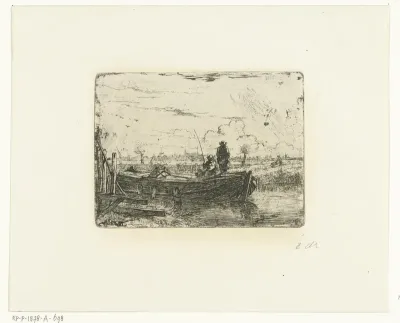 Polderlandschap met twee mannen op boot