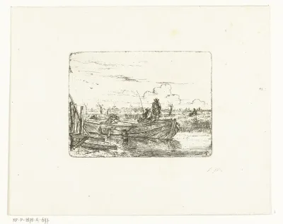 Polderlandschap met twee mannen op een boot
