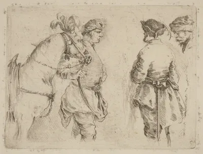 Pole Holding the Bridle of a Horse while Speaking with Two Other Men