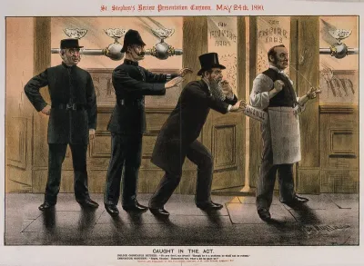 Policemen apprehend a pickpocket taking a license from a publican; representing the value to the government of publicans' licenses