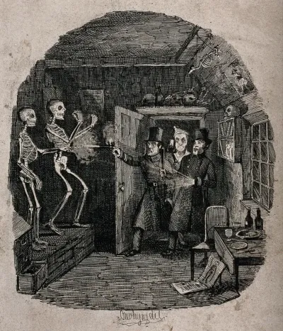 Policemen entering the study of a medical student in search of thieves shoot at a pair of skeletons by mistake Etching by T