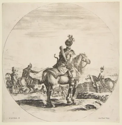 Polish horseman with a bow and arrow, seen from behind with his horse facing right, a circular composition, from 'Figures on Horseback' (Cavaliers nègres, polonais et hongrois)