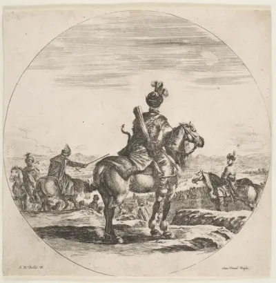 Polish horseman with a bow and arrow, seen from behind with his horse facing right, a circular composition, from "Figures on Horseback" (Cavaliers nègres, polonais et hongrois)