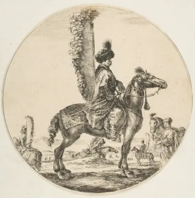 Polish hussar in profile facing right with wings attached to his back, a circular composition, from "Figures on Horseback" (Cavaliers nègres, polonais et hongrois)