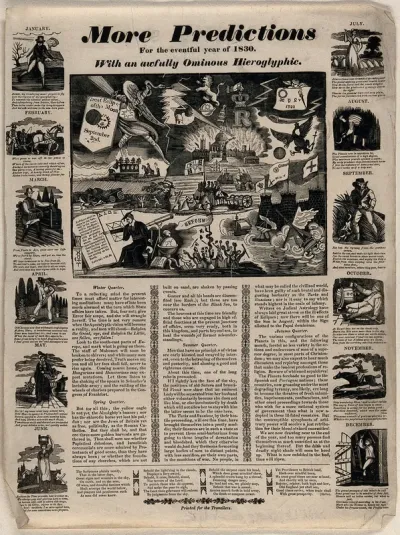 Political and social events of 1830 as predicted by Raphael; twelve months of the year on each side of the central image