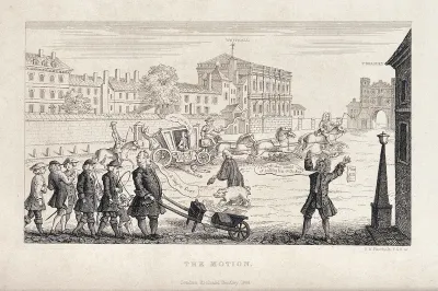 Politicians from the Opposition proceed down Whitehall to remove Sir Robert Walpole from office